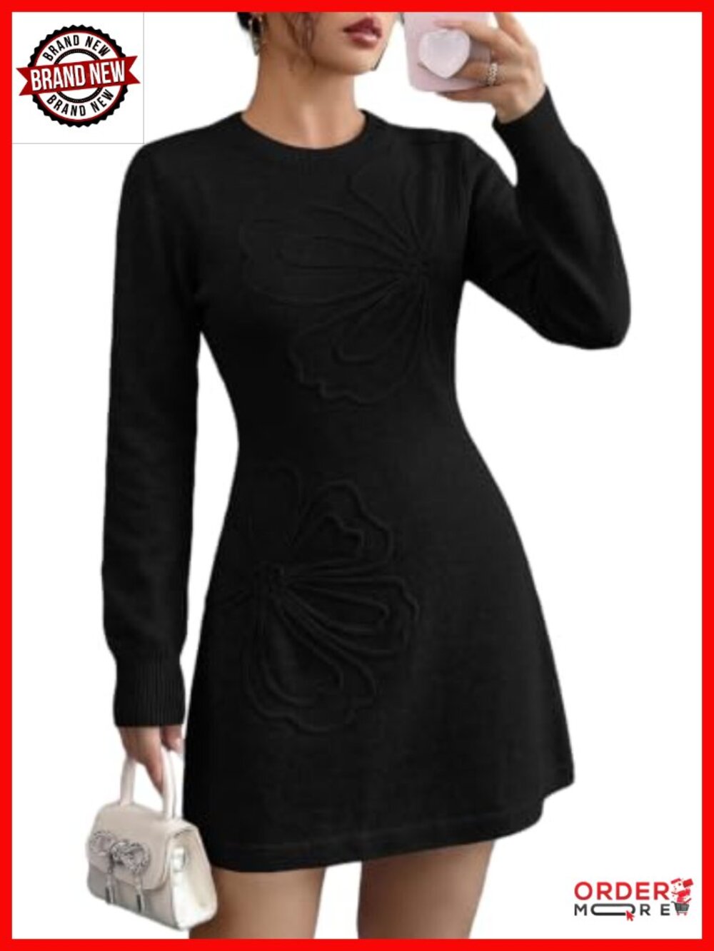 Women Floral Embroidered Sweater Dress Long Sleeve A-Line Mini Knit